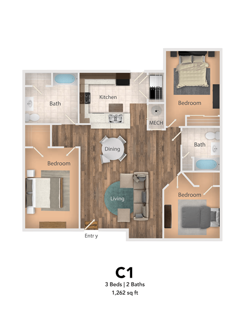 Floor plan for 3 beds, 2 baths, 1262 sqft